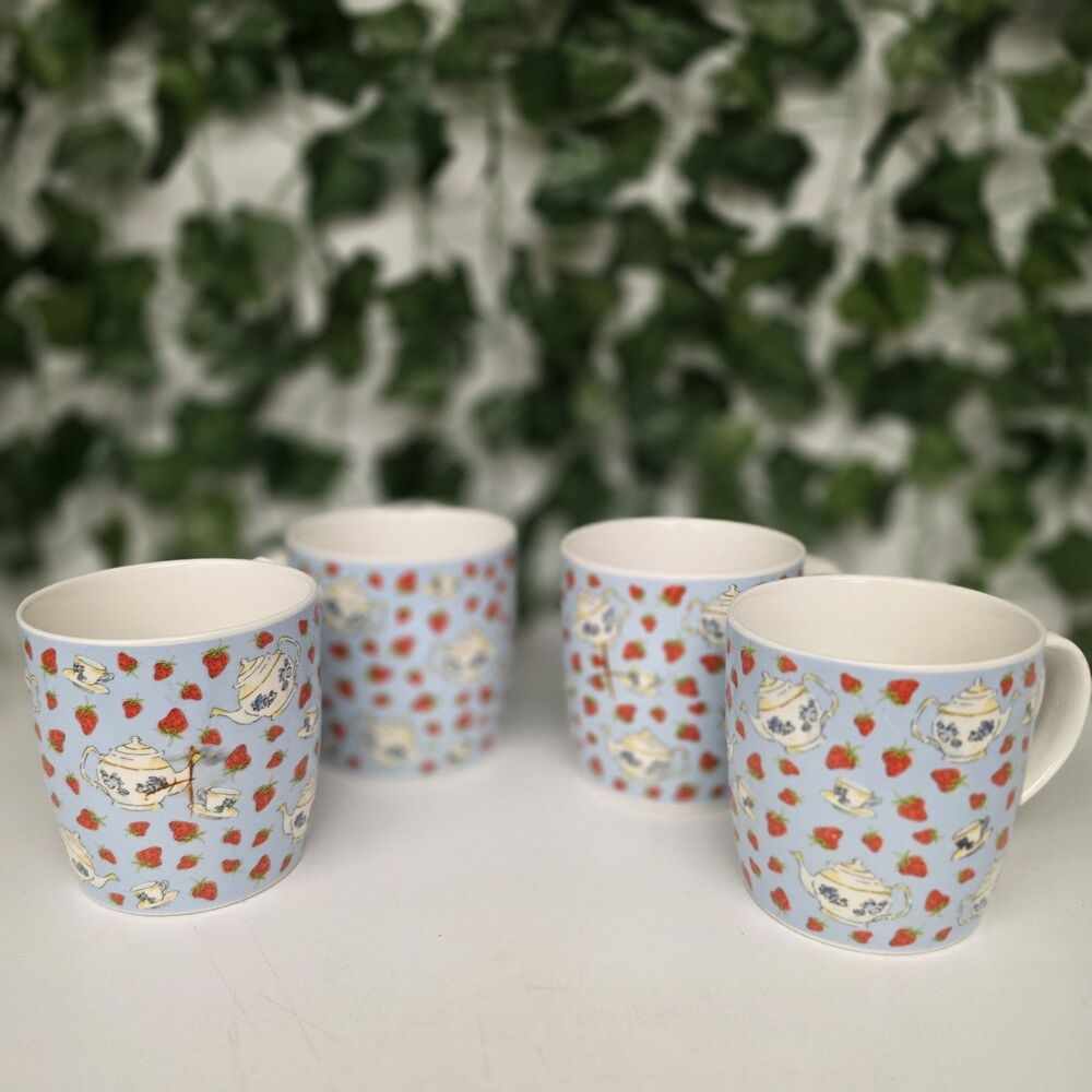Vintage Set Of 4 Milly Green British Design Strawberry Tea Porcelain Mug